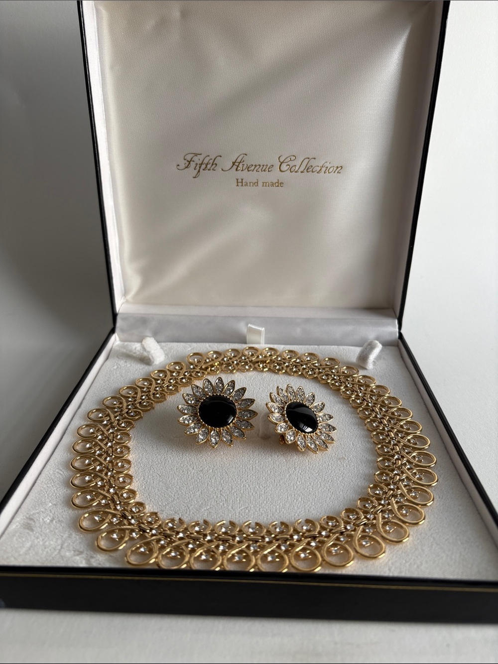 Fifth Avenue Gold Rhinestone Necklace Earring Set Black Enamel